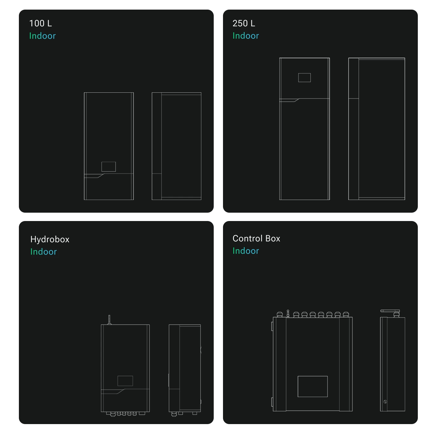 Residential indoor units, all in one and tankless units, showing in lineart
